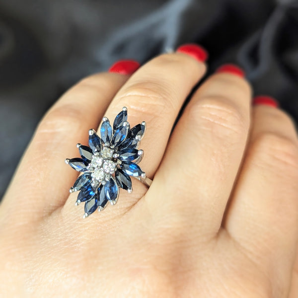 Vintage Sapphires Diamonds 14k White Gold Cocktail Ring Cluster Marquise Estate