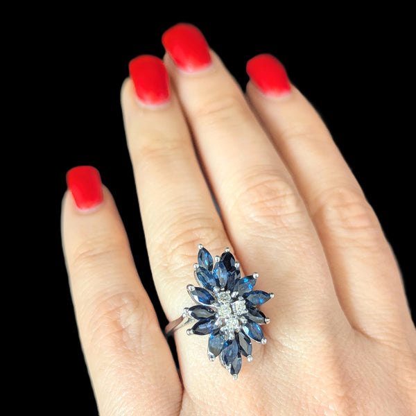 Vintage Sapphires Diamonds 14k White Gold Cocktail Ring Cluster Marquise Estate