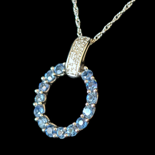 Vintage Sapphires Diamonds 14k White Gold Necklace Pendant Chain Estate Gift 