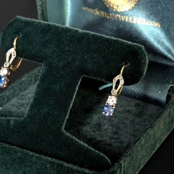 Vintage Sapphires Diamonds Gold & Platinum Top Earrings Retro Estate Jewelry