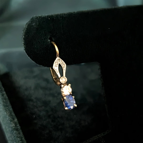 Vintage Sapphires Diamonds Gold & Platinum Top Earrings Retro Estate Jewelry
