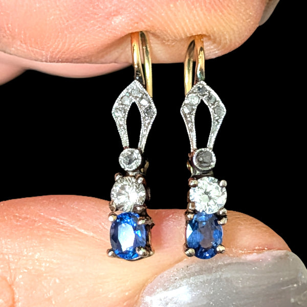 Vintage Sapphires Diamonds Gold & Platinum Top Earrings Retro Estate Jewelry