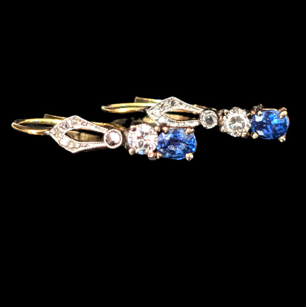 Vintage Sapphires Diamonds Gold & Platinum Top Earrings Retro Estate Jewelry