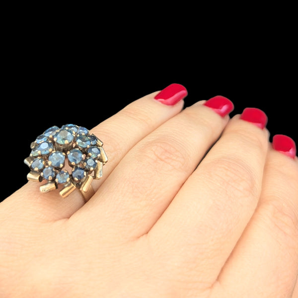 Vintage Sapphires Yellow Gold Cocktail Harem Cluster Ring Estate Retro Dome Gift