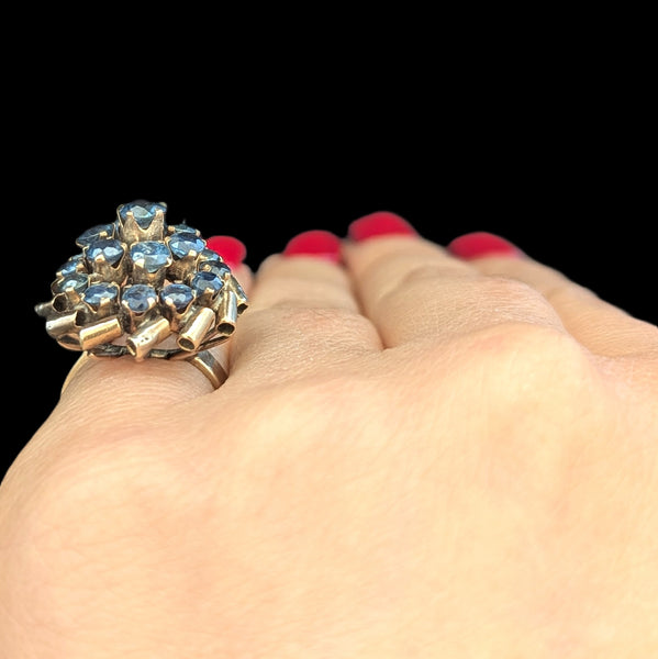 Vintage Sapphires Yellow Gold Cocktail Harem Cluster Ring Estate Retro Dome Gift