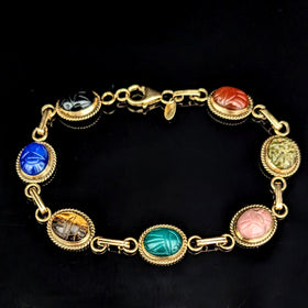 Vintage Scarab 14k Yellow Gold Bracelet Talisman Carved Gemstones Estate by CARLA