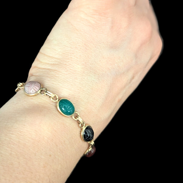 Vintage Scarab Bracelet 14k Yellow Gold Gemstone Hardstone Retro Estate CARLA