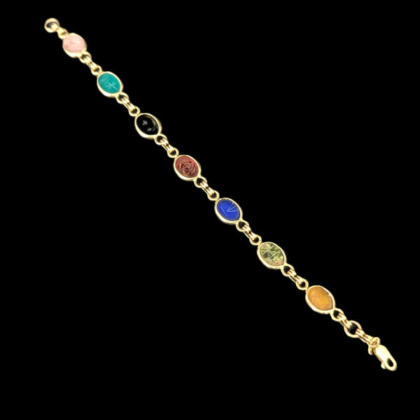 Vintage Scarab Bracelet 14k Yellow Gold Gemstone Hardstone Retro Estate CARLA