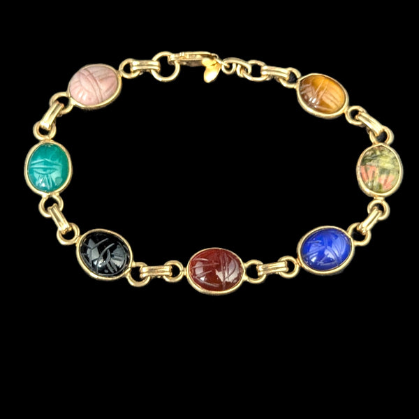 Vintage Scarab Bracelet 14k Yellow Gold Gemstone Hardstone Retro Estate CARLA