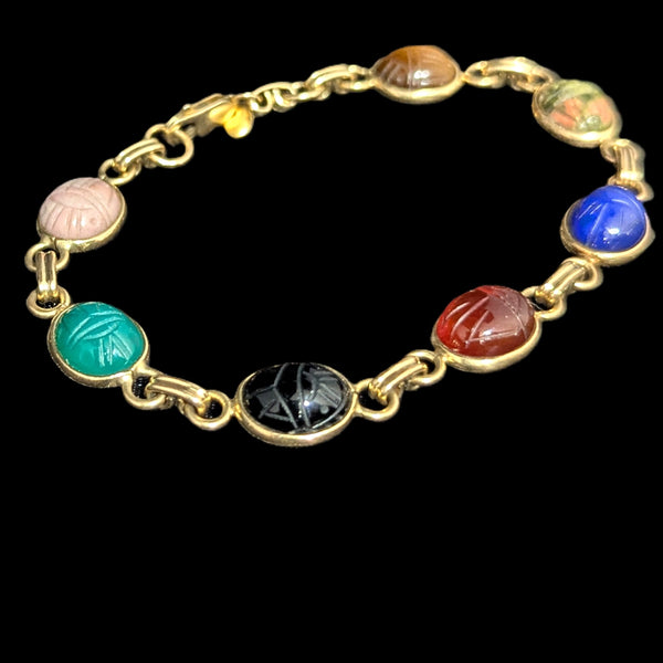 Vintage Scarab Bracelet 14k Yellow Gold Gemstone Hardstone Retro Estate CARLA