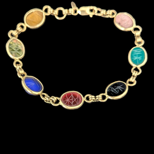 Vintage Scarab Bracelet 14k Yellow Gold Gemstone Hardstone Retro Estate CARLA
