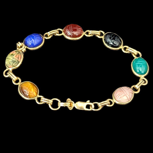 Vintage Scarab Bracelet 14k Yellow Gold Gemstone Hardstone Retro Estate CARLA