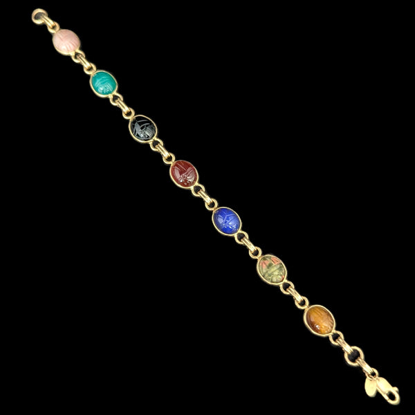 Vintage Scarab Bracelet 14k Yellow Gold Gemstone Hardstone Retro Estate CARLA