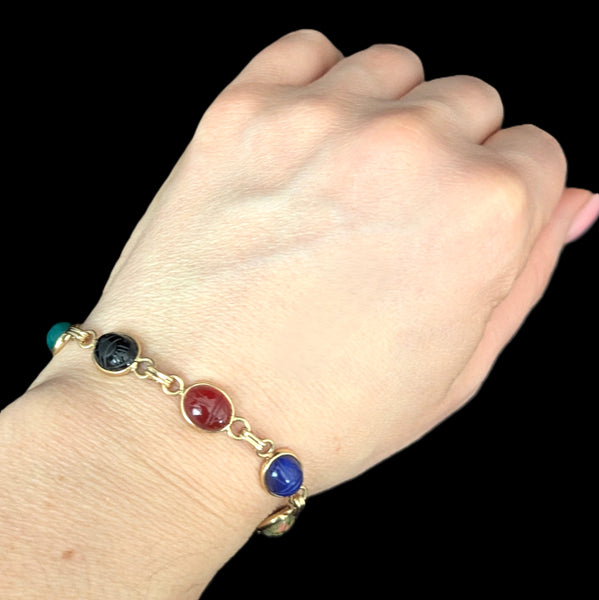 Vintage Scarab Bracelet 14k Yellow Gold Gemstone Hardstone Retro Estate CARLA