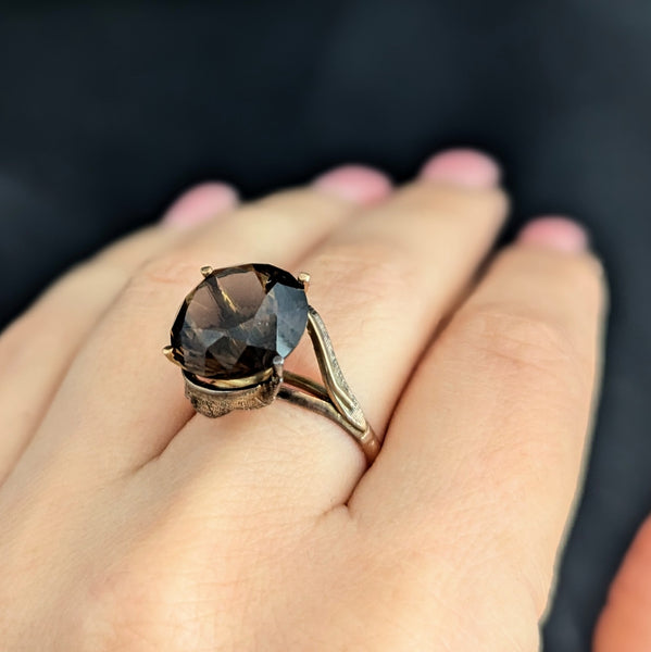 Vintage Smoky Quartz 10-14k Yellow Gold Cocktail Ring Retro Mid Century 1960-70s