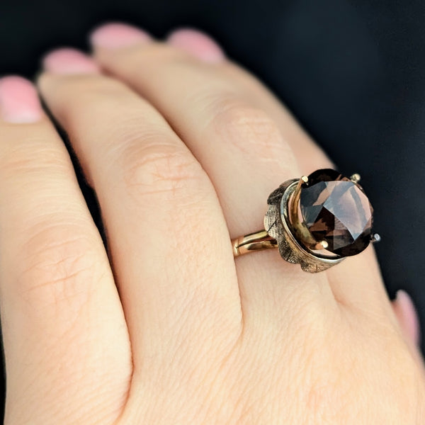Vintage Smoky Quartz 10-14k Yellow Gold Cocktail Ring Retro Mid Century 1960-70s