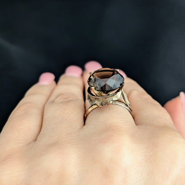 Vintage Smoky Quartz 10-14k Yellow Gold Cocktail Ring Retro Mid Century 1960-70s