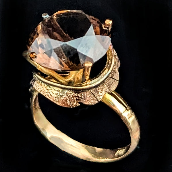Vintage Smoky Quartz 10-14k Yellow Gold Cocktail Ring Retro Mid Century 1960-70s