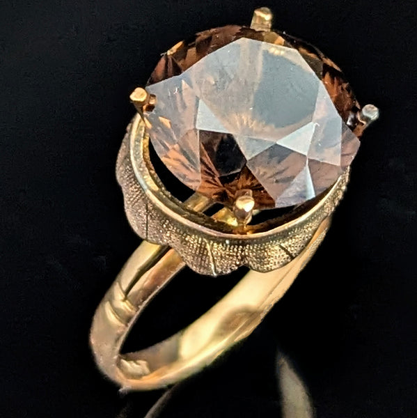 Vintage Smoky Quartz 10-14k Yellow Gold Cocktail Ring Retro Mid Century 1960-70s