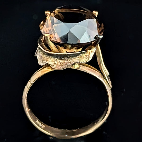 Vintage Smoky Quartz 10-14k Yellow Gold Cocktail Ring Retro Mid Century 1960-70s