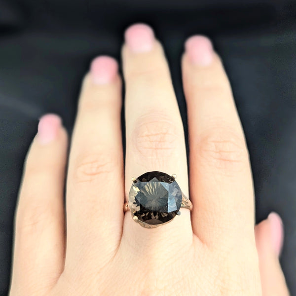 Vintage Smoky Quartz 10-14k Yellow Gold Cocktail Ring Retro Mid Century 1960-70s