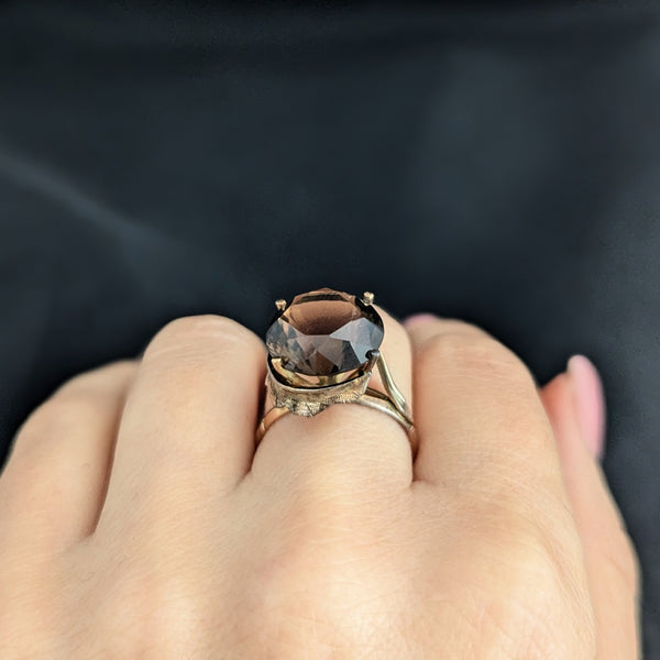 Vintage Smoky Quartz 10-14k Yellow Gold Cocktail Ring Retro Mid Century 1960-70s