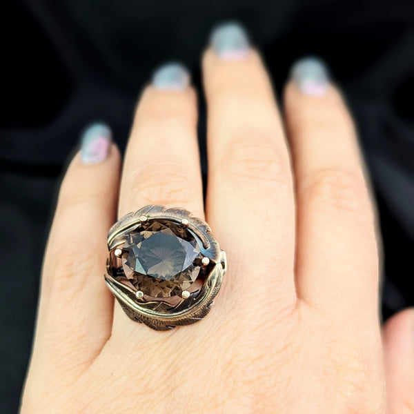 Vintage Smoky Quartz 14k Yellow Gold Cocktail Ring Retro Mid Century 1960-70s