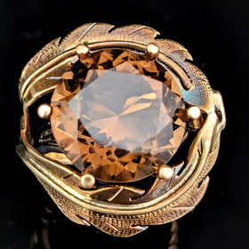 Vintage Smoky Quartz 14k Yellow Gold Cocktail Ring Retro Mid Century 1960-70s