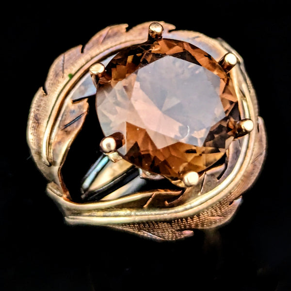Vintage Smoky Quartz 14k Yellow Gold Cocktail Ring Retro Mid Century 1960-70s