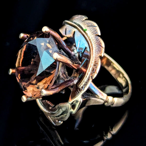 Vintage Smoky Quartz 14k Yellow Gold Cocktail Ring Retro Mid Century 1960-70s