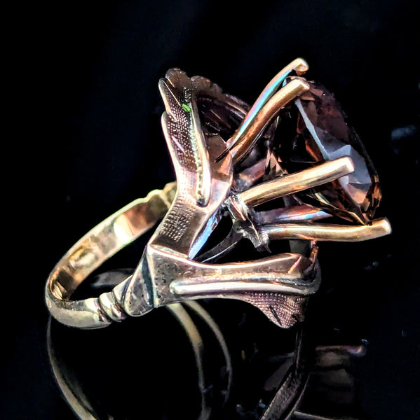 Vintage Smoky Quartz 14k Yellow Gold Cocktail Ring Retro Mid Century 1960-70s