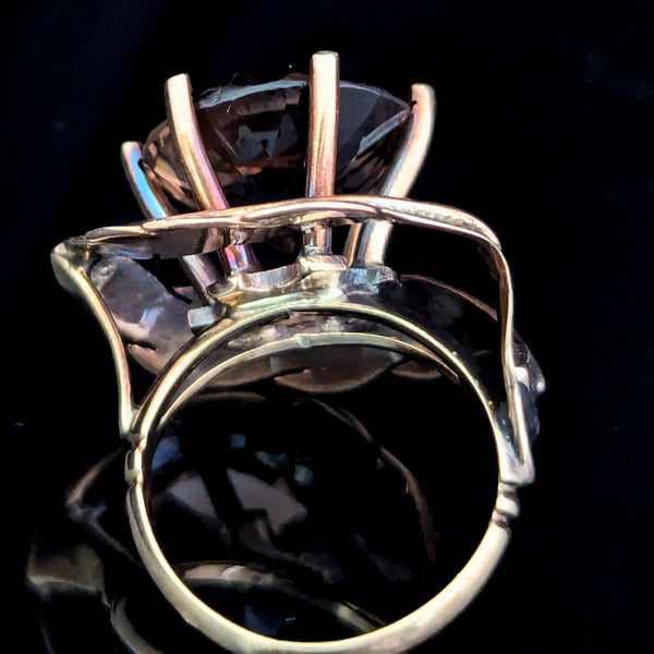 Vintage Smoky Quartz 14k Yellow Gold Cocktail Ring Retro Mid Century 1960-70s