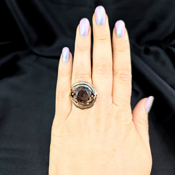 Vintage Smoky Quartz 14k Yellow Gold Cocktail Ring Retro Mid Century 1960-70s