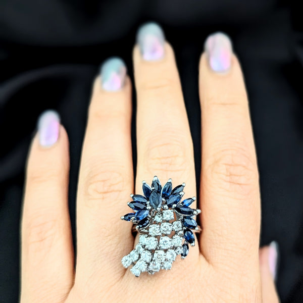 Vintage Spray of Diamonds & Sapphires 14k White Gold Shooting Star Cocktail Ring 