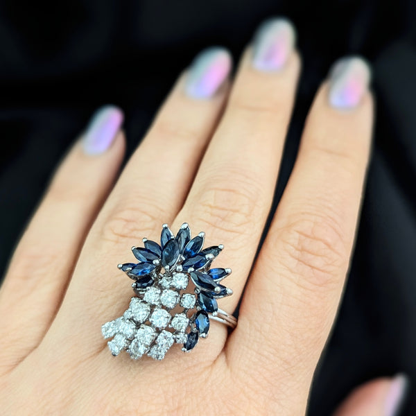 Vintage Spray of Diamonds & Sapphires 14k White Gold Shooting Star Cocktail Ring 