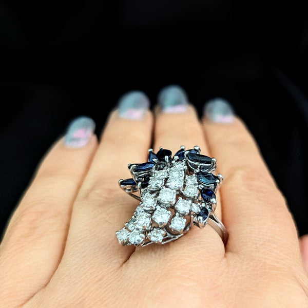 Vintage Spray of Diamonds & Sapphires 14k White Gold Shooting Star Cocktail Ring 