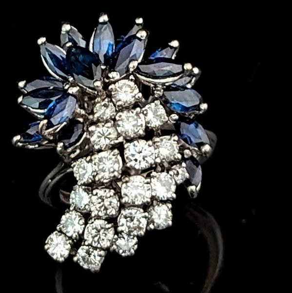 Vintage Spray of Diamonds & Sapphires 14k White Gold Shooting Star Cocktail Ring 