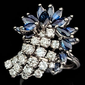 Vintage Spray of Diamonds & Sapphires 14k White Gold Shooting Star Cocktail Ring 