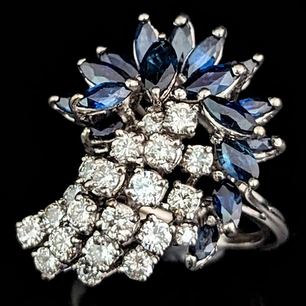 Vintage Spray of Diamonds & Sapphires 14k White Gold Shooting Star Cocktail Ring 