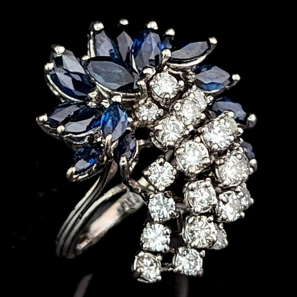 Vintage Spray of Diamonds & Sapphires 14k White Gold Shooting Star Cocktail Ring 
