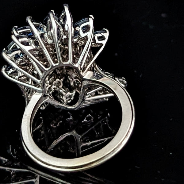 Vintage Spray of Diamonds & Sapphires 14k White Gold Shooting Star Cocktail Ring 