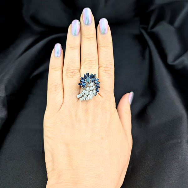 Vintage Spray of Diamonds & Sapphires 14k White Gold Shooting Star Cocktail Ring 
