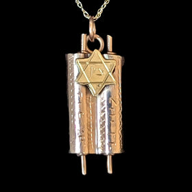 Vintage Star of David Torah Scroll Tzion 14k Rose Yellow Gold Pendant Chain Necklace