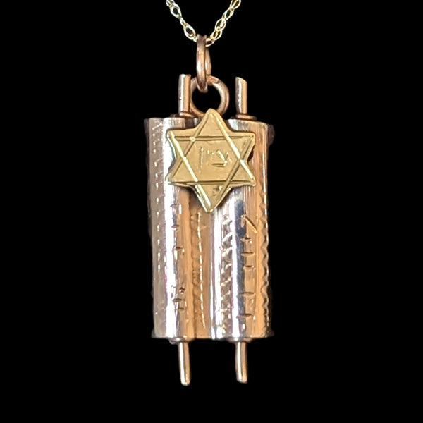 Vintage Star of David Torah Scroll Tzion 14k Rose Yellow Gold Pendant Chain Necklace