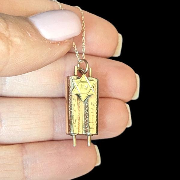 Vintage Star of David Torah Scroll Tzion 14k Rose Yellow Gold Pendant Chain Necklace