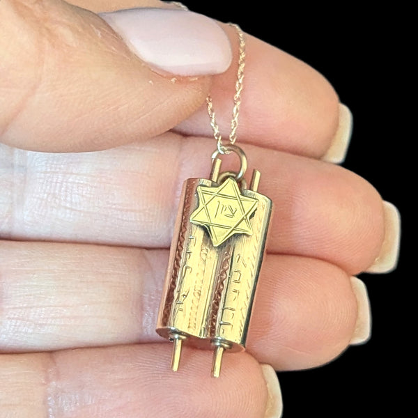 Vintage Star of David Torah Scroll Tzion 14k Rose Yellow Gold Pendant Chain Necklace