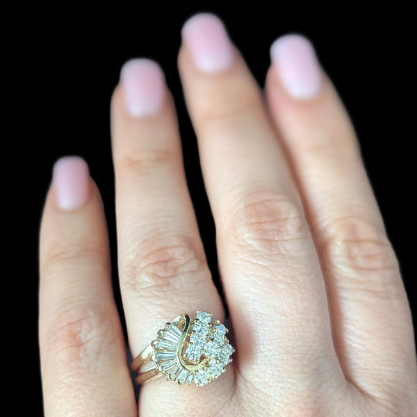 Vintage Swirl Diamond 14k Yellow Gold Cluster Ring Estate Statement Baguette