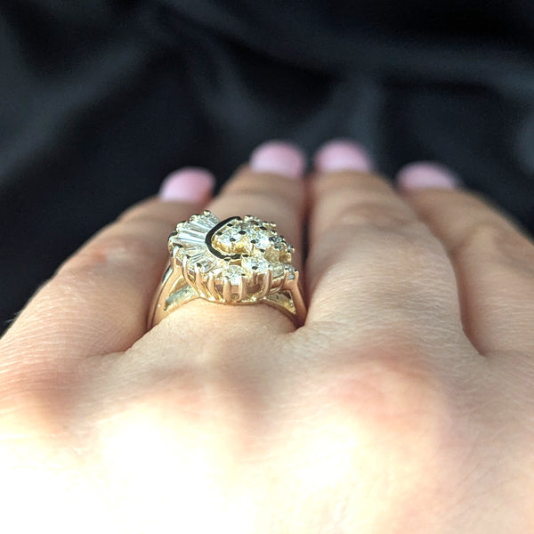Vintage Swirl Diamond 14k Yellow Gold Cluster Ring Estate Statement Baguette