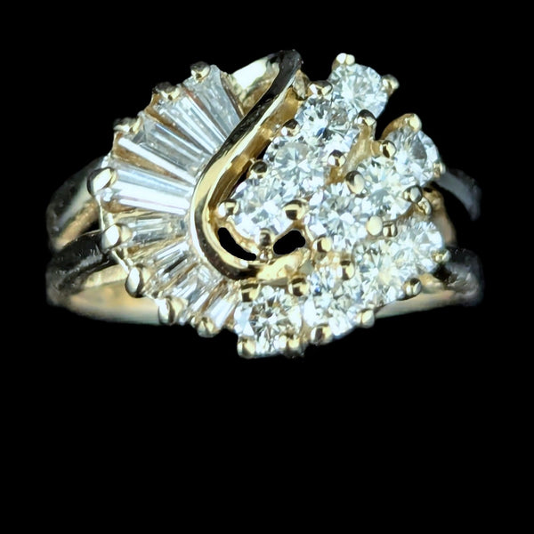 Vintage Swirl Diamond 14k Yellow Gold Cluster Ring Estate Statement Baguette