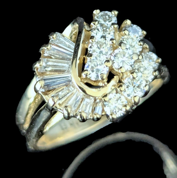 Vintage Swirl Diamond 14k Yellow Gold Cluster Ring Estate Statement Baguette